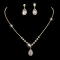 Elegant gold-tone teardrop crystal necklace and earring set for bridal wedding events - 463 Necklace Stud Earrings Set / Gold