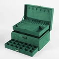 Three-layer green suede jewelry box with ring slots and storage drawers - Triple Layer / Dark Green