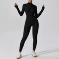 Long sleeve black yoga jumpsuit with front zipper and high elasticity for workout - Premium Black