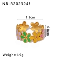 Adjustable gold flower ring with colorful enamel petals and size dimensions shown - Adjustable Open / Purple/Green/Pink Flowers (NB-R2023243)