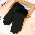 Gants thermiques en daim noir pour femmes avec revers en peluche et écran tactile - Taille unique / Daim Synthétique Étiquette Cuir-Noir (Double Épais)