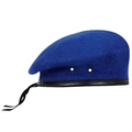 Blue wool beret detail featuring black leather trim and adjustable drawstring closure - L / Blue