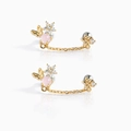 Macro detail of 18K gold butterfly and flower earrings with pink beads and zircon stones - Butterfly Floral Chain Linked Style (EH00554)