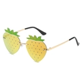 Quirky yellow strawberry shaped sunglasses with green leaf accents and gold metal frame - Gold Frame Red Mirror Lens