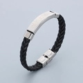 Men's black braided leather bracelet with stainless steel Lord's Prayer engraving plate - Silver Color Cross Style (KB186172-JZ) / Steel Color/Black