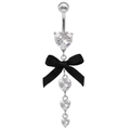 Detail of silver belly ring with four heart zircons and a black ribbon bow charm - Black