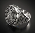 Vintage Viking wolf totem ring in antique silver finish shown at a 45-degree angle - US 13 / Antique Silver