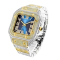 Macro detail of iced-out square watch with blue gradient dial and Roman numerals - Two-tone Gold Blue Dial