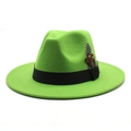 Detail of bright green wool fedora hat with black ribbon and natural feather decoration - Fruit Green