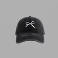 Black washed cotton baseball cap with delicate white ribbon bow embroidery for women - Washed Cotton Bow Baseball Cap Style / Black
