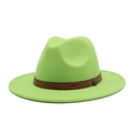 Detail of neon green wool fedora hat featuring a brown embossed band and metal buckle - M (56-58cm) / Fruit Green