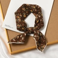 Brown floral cotton linen silk scarf tied as a stylish headband on white card - Longan Dark Coffee Base