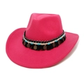 Détail de la bande tissée avec glands et perles sur le chapeau de cowboy rose rouge style bohème - M (56-58cm) / Rose rouge