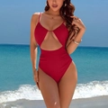 Sexy deep red one-piece swimsuit with cutout design and thin straps on beach - S / Red