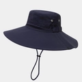 Detail of navy sun hat featuring large brim, breathable air vents, and chin strap cord - One Size / Navy Blue