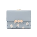 Blue floral mini tri-fold wallet for women with golden kiss lock and metal leaf ornament - Sky Blue