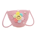 Pink woven straw crossbody bag for kids featuring a colorful smiley face flower and pearls - Pink With Smiley Face
