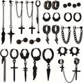 Matte black stainless steel earring set featuring cross, feather, and chain stud designs - Black Fashion Sword Feather Combination (36036)