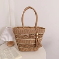 Bolso de paja tejido a mano con rayas blancas y borlas para vacaciones de playa verano - Borla Curva / café