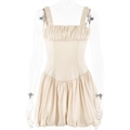 Elegant beige square neck mini dress with pleated bust and backless design for women - L / Apricot