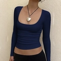 Top a maniche lunghe stile Y2K da donna in blu scuro con elegante scollatura quadrata - S / Blu Notte
