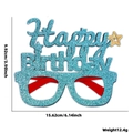 Blue glitter Happy Birthday party glasses with size measurements and weight specs - Blue Birthday Letter Gold Star Style