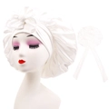 Close-up of white satin sleep cap with a large bow detail and adjustable ribbon ties - Cross-White