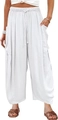 Detail of white striped wide-leg pants featuring elastic drawstring waist and side pockets - S / White
