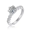 Moissanite solitaire ring with heart hollow band and adjustable opening in silver finish - R12359 Heart to Heart Style / 1 Carat / Hollow Heart