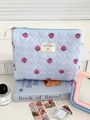 Trousse à maquillage matelassée à rayures bleues avec motifs fraises et étiquette - Sac à main/Pochette de rangement