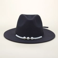 Classic black wool fedora hat with elegant pearl and diamond-studded decorative band - M (56-58cm) / Black