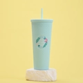 Detail of mint green studded tumbler with BEST Mom EVER floral emblem on yellow backdrop - Sage Green