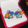 Detailed macro view of colorful zircon flower earrings set in a red velvet jewelry box - Gunmetal Black-Colorful (Silver Needle)
