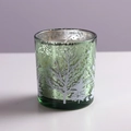 Green glass Christmas candle jar with white tree pattern and elk themed silver plating - Green Christmas Tree