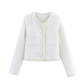 Classic white tweed short jacket with elegant pearl buttons and long sleeves - S / White