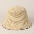 Close-up of beige crochet bucket hat showing hollow knit texture and black scalloped edge - M (56-58cm) / Beige