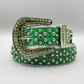 Green faux-crocodile leather belt with rhinestone buckle and punk style silver rivets - Green Strap White Rivets Green Rhinestones