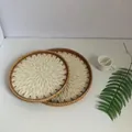 Set of two round rattan trays with inlaid cream shell petal pattern in bohemian style - White / 2-Piece Set