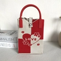 Knitted phone tote bag in red and white colors featuring heart and LOVE pattern - Red Beige Heart LOVE