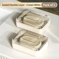 Set of 2 cream white double-layer waterproof soap boxes with clear lids for travel - Double Layer Sealed / Cream White