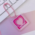 Pink heart-shaped acrylic stamp keychain with Gorgeous text and a matching bead chain - No.8 Pink Gorgeous Stamp
