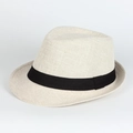 Detailed view of linen fedora hat featuring woven texture and a black contrast band - Adjustable / Beige
