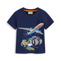 Dark blue boys short sleeve cotton t-shirt featuring colorful cartoon vehicle prints - 2T / Dark Blue