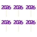 Set of 6 glittery purple 2026 cake toppers with wooden sticks for New Year decoration - Style 1: 2026 / Purple