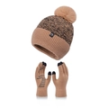 Set invernale berretto in maglia marrone con pompon e guanti touch screen coordinati - caffè