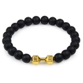 Volcanic lava rock bead bracelet with golden dumbbell charm for men and women - Matte Gold