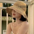 Straw sun hat with colorful crochet accents and lace bow in natural wooden color - M / Color Thread Flat Stitch Bucket Hat-Khaki