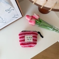 Mini plush pink and red striped cosmetic pouch with soft faux fur and zip closure - Pink Stripe