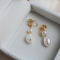 Elegant gold earrings with natural freshwater pearls on a soft grey velvet background - 1# Freshwater Pearl (Mosquito Coil Clip)