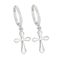 925 sterling silver hoop earrings with dangling cross charms in polished silver finish - Simple Polished Cross Huggie (2183) - Pair / Platinum Silver (#36)